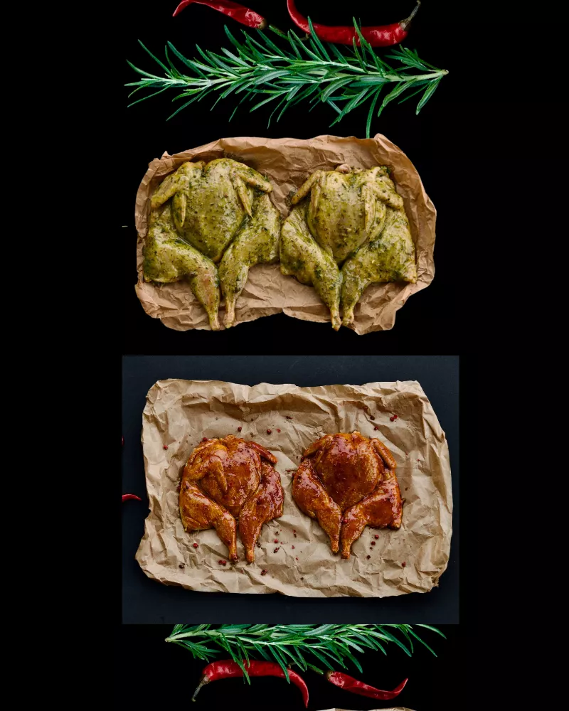 Putpelių "Mango & Čili" (1 kg) ir "Prancūziškas daržas" (1 kg) marinate rinkinys