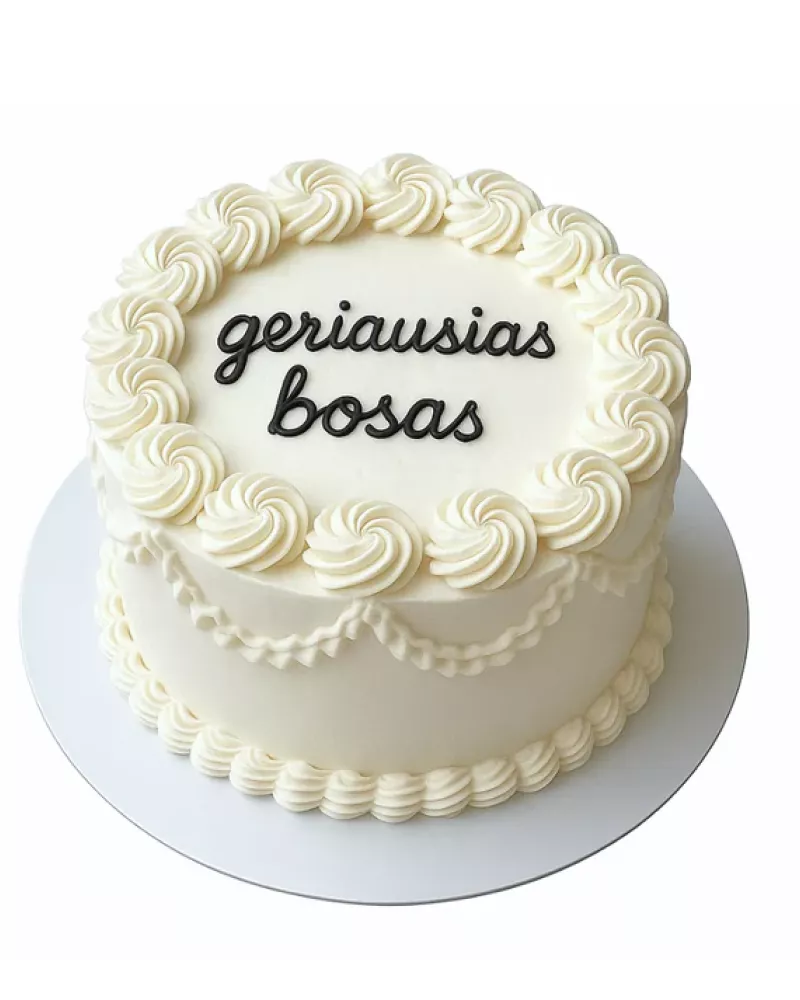 Vintažinis tortas su grietinėlės puošimu ir užrašu BOSUI
