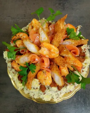 Keptos duonos tortas su krevetėmis