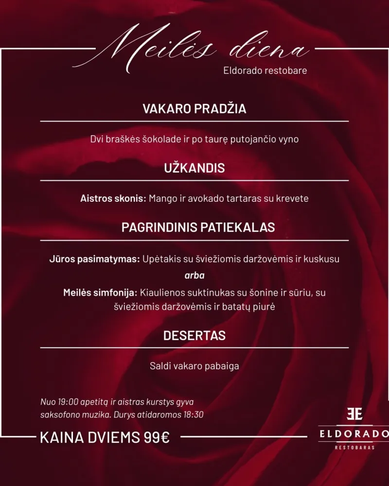 Valentino dienos pasiūlymas "Vakaras Eldorado Restobare dviems"