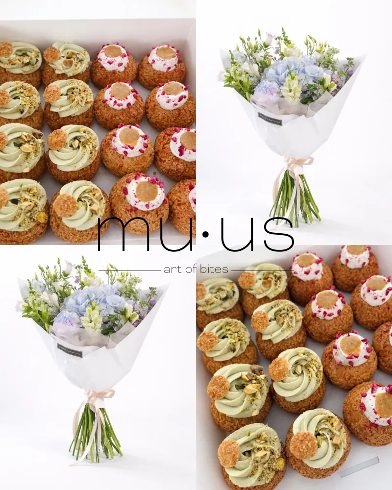 Saldūs choux (16vnt) ir gėlių puokštės rinkinys