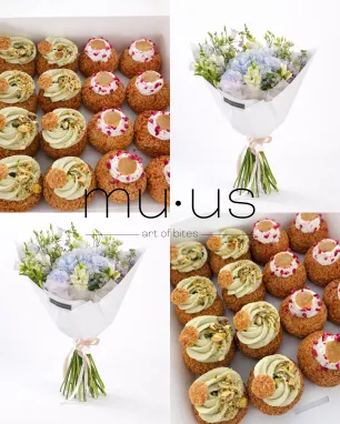 Saldūs choux (16vnt) ir gėlių puokštės rinkinys