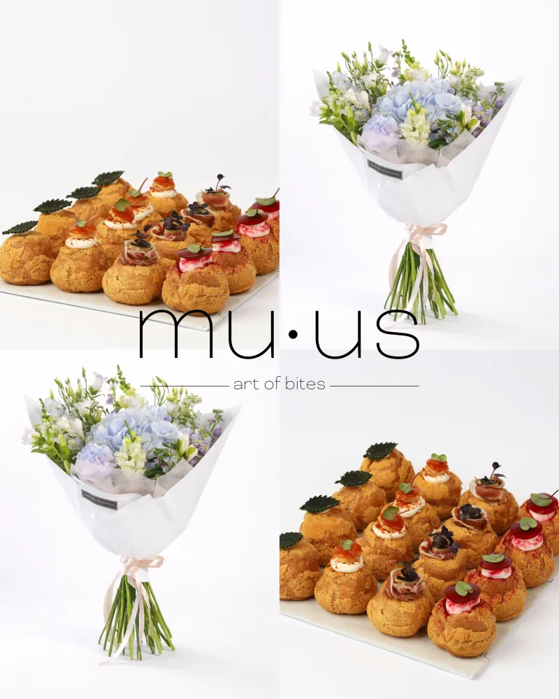 Prancūziškų užkandžių choux ir gėlių puokštės rinkinys