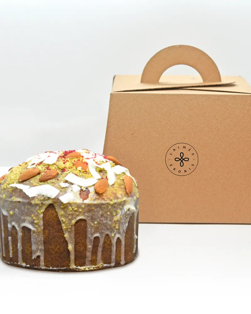 Prabangi baltuoju belgiškuoju šokoladu puošta speltų miltų Velykų boba su natūraliu raugu, ~650 g