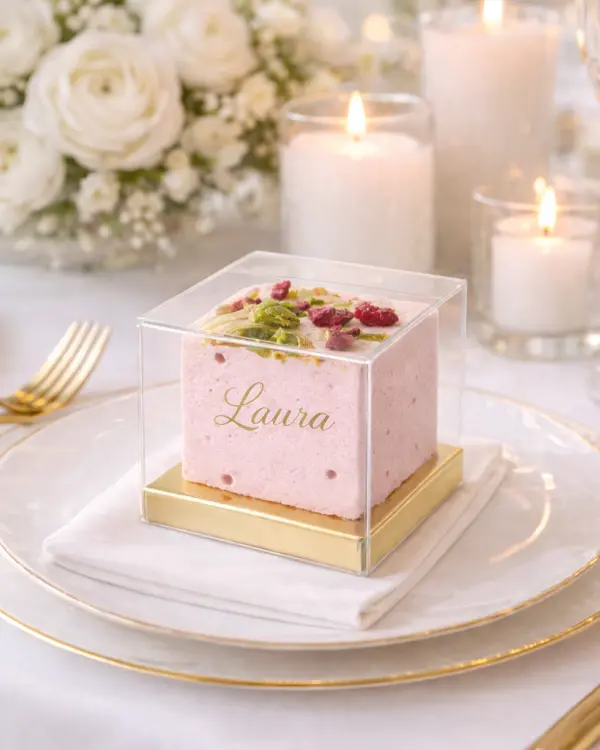 Personalizuota stalo kortelė – gurmaniškas marshmallows skaidrioje dėžutėje